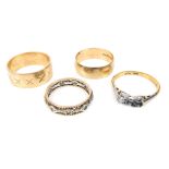 Two 9ct gold wedding bands, a diamond eternity ring on 9ct gold & a diamond ring on platinum &