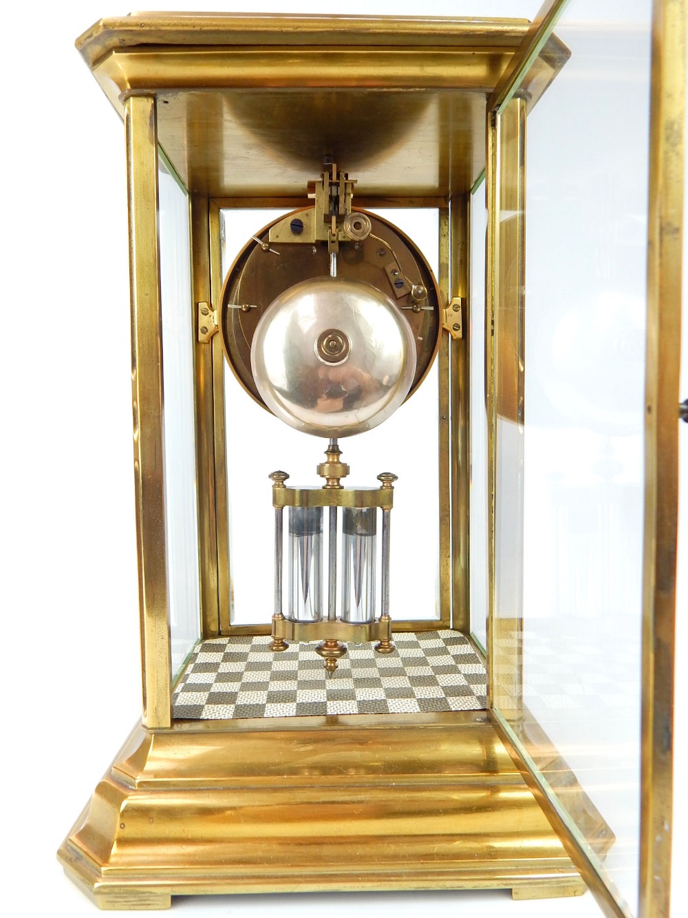 A late 19th century French brass and four glass mantel clock, white chapter ring with Roman - Image 4 of 4