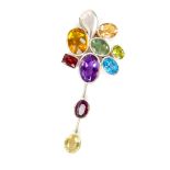 Contemporary silver multi gem set pendant of abstract design, set with citrine, amethyst, garnet,