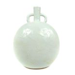 Chinese celadon moon flask, branch form handles, leaf & floral decoration, 27.5cm h