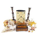 Wooden & papier mache animals, Persian trinket box, open twist candlesticks & a waste paper bin