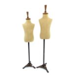 Pair of dressmaker's style mannequin torsos, calico covering, metal stand & legs, 107cm