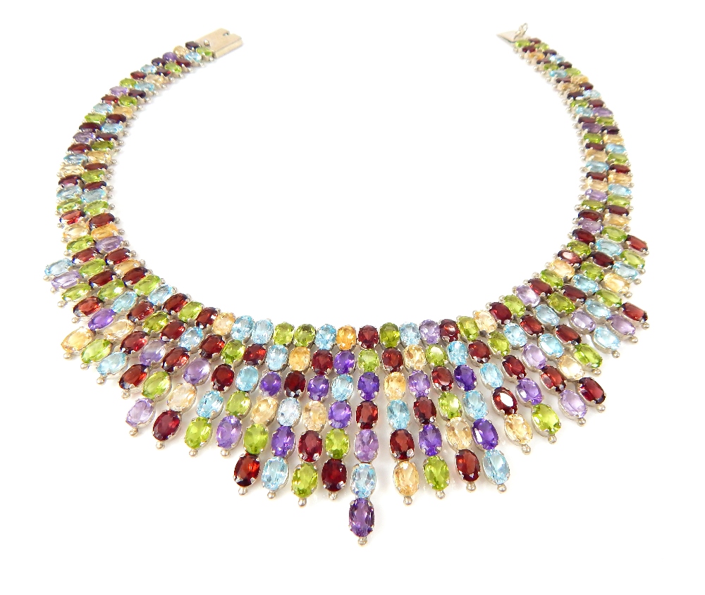 Contemporary silver multi stone choker, amethyst, citrine, blue topaz, garnet & peridot. 43.6cm l