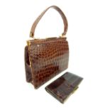 1930s ladies crocodile handbag, brass clasp and fittings, leather interior, approx 20x 24cm, and a