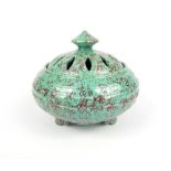 Chinese potpourri bowl & pierced cover, turquoise glaze with red oxide splash decoration, Qianlong