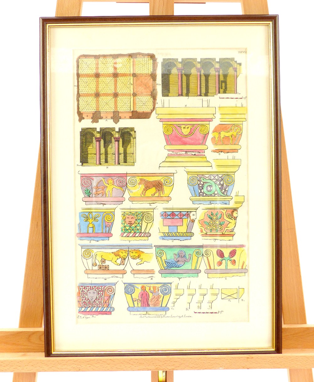 A 20th century framed book plate of various designs and diagrams of the capitals of columns, on