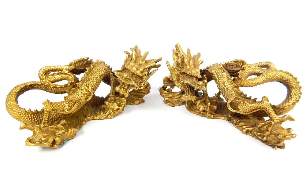 Pair of solid bronze Chinese dragons, open mouthed holding a captured golden pearl, gilded, 9x 21. - Image 3 of 4