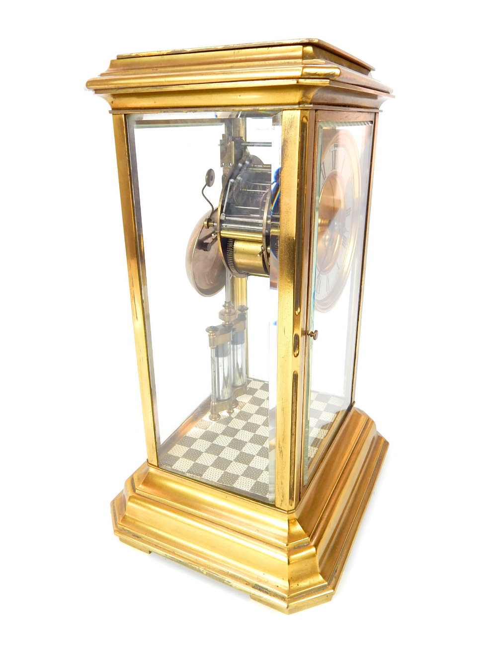 A late 19th century French brass and four glass mantel clock, white chapter ring with Roman - Image 3 of 4