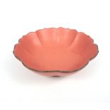 Chinese petal bowl, salmon pink china, tablet to base with homage to Imperial dynasty, 3.4x 16.4cm