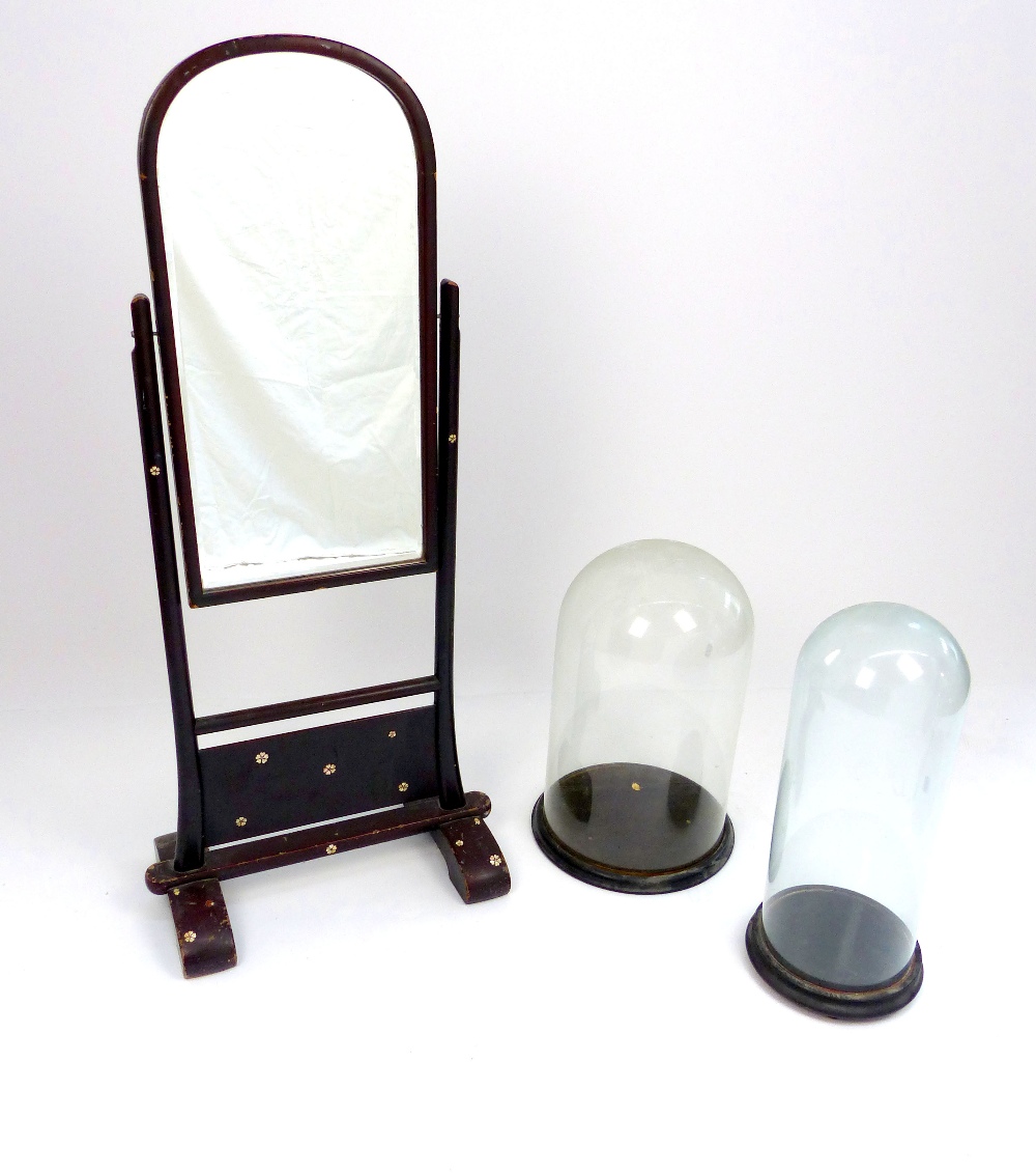 Two late Victorian glass taxidermy specimen domes with bases; 47.5x 29cm & 49.5x 22cm and a Japanese