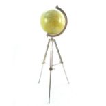 Contemporary globe of the world set on a chromed tripod stand with angle bar, 167x 43cm dia