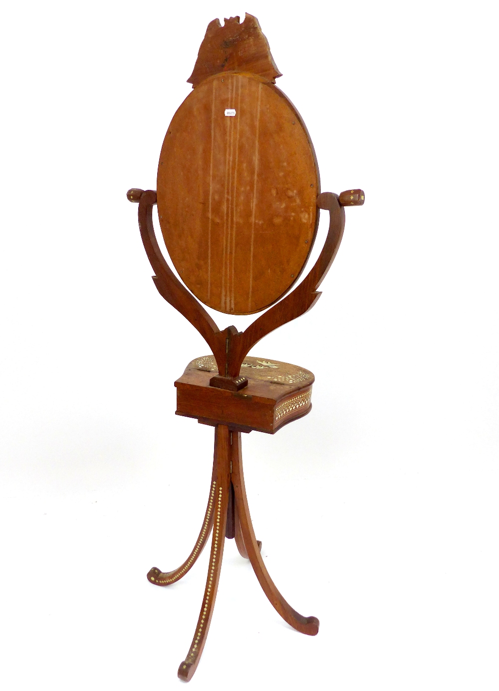 A late 19th century Anglo - Indian hardwood oval floor standing mirror, ivory inlaid geometric, - Image 6 of 6