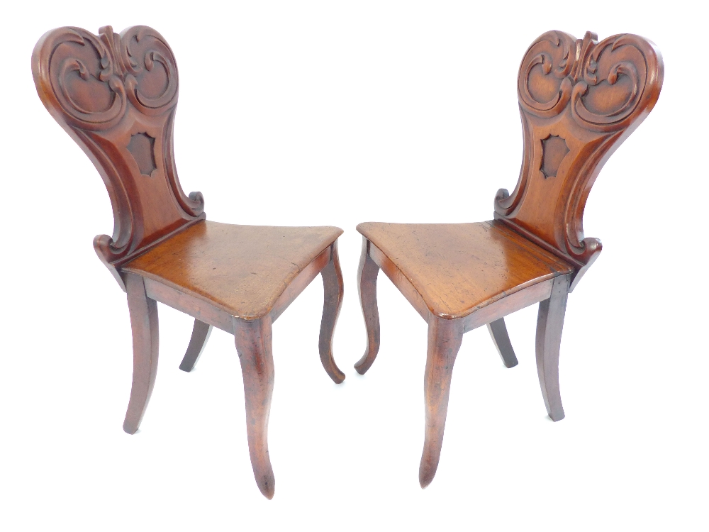 A pair of William IV mahogany solid seat hall chairs with carved rococo shaped backs & vacant - Image 2 of 2