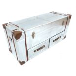 Aviator style blanket chest, aluminium finish with banding, 51x110x 40cm