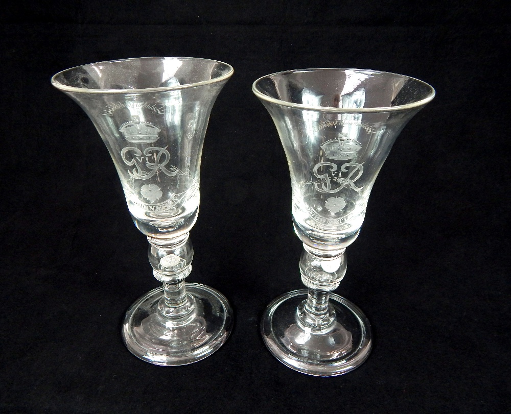 A pair of George VI Coronation commemorative glass