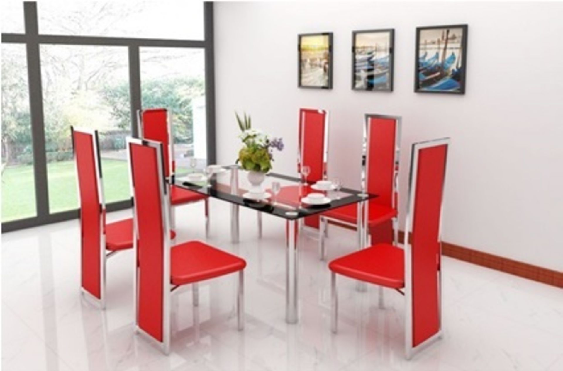 Designer Glass and Chrome Dining Set with 6 Red Chairs (Brand New & Boxed)