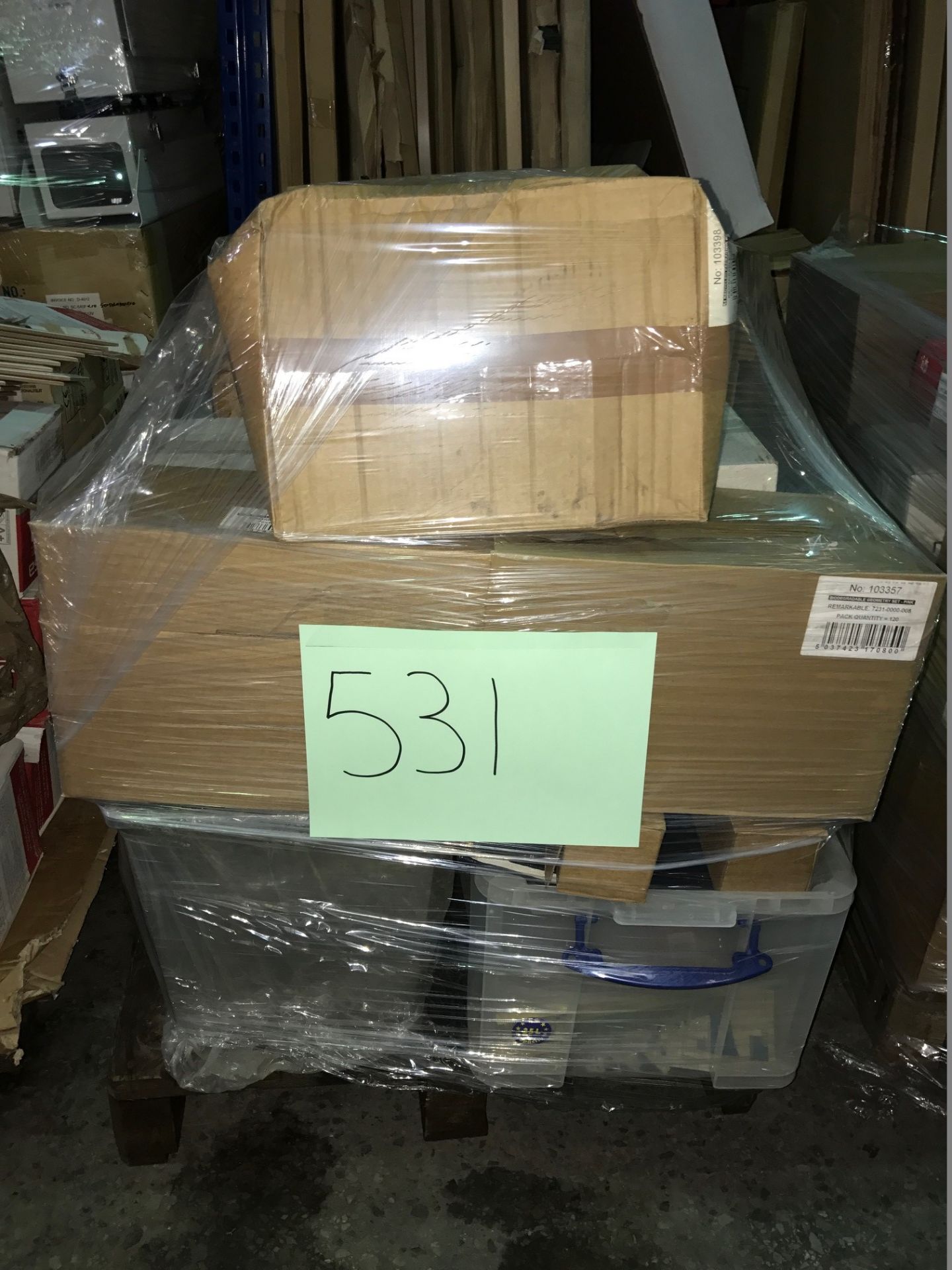 1 x Pallet of Mixed Stock/Stationery Including Unilux Designer Lamp, Elba Box Files, Remarkable