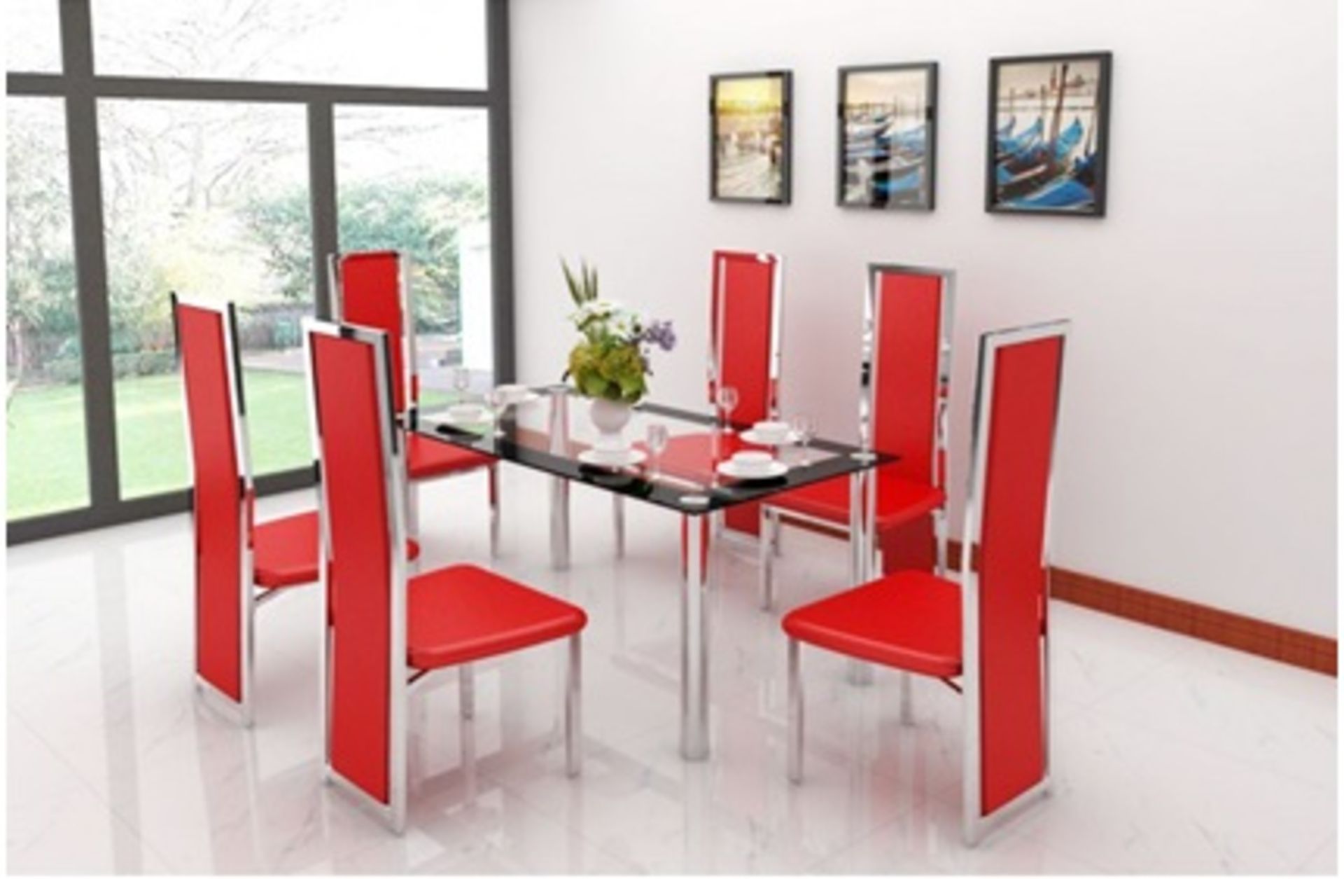 1 x Chrome and Glass 6 Seater Dining Table and 6 Red Chairs - DTBL014 (Brand New & Boxed)