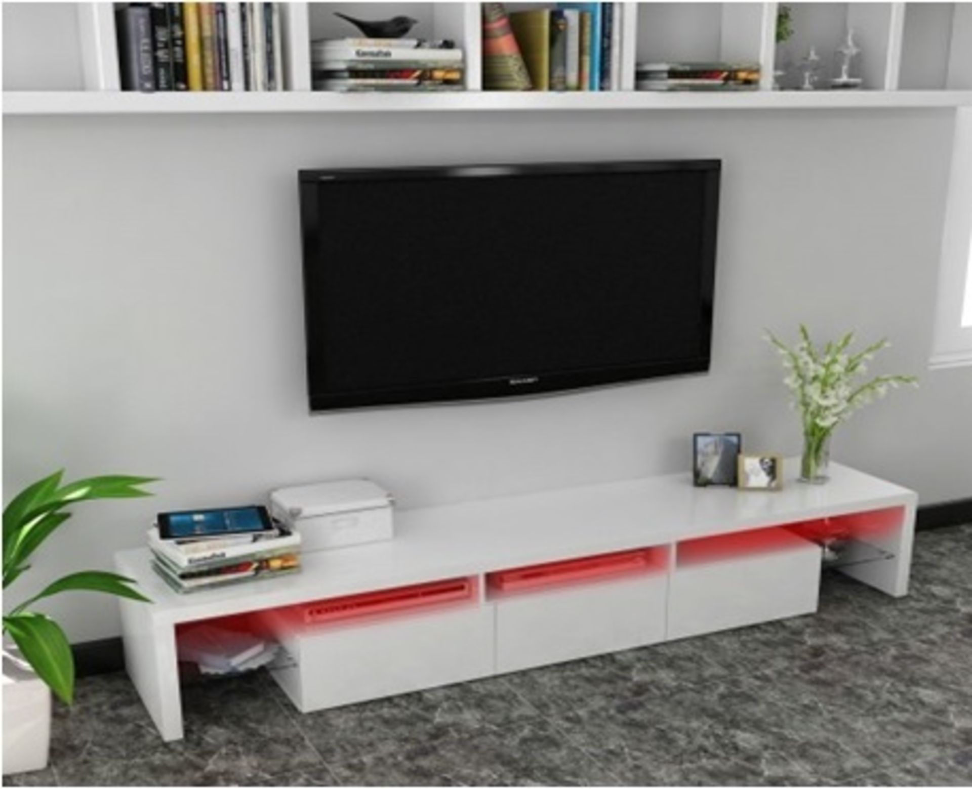 1 x White Glossy MDF TV Stand with Colour Changing LED Lights (Brand New & Boxed)