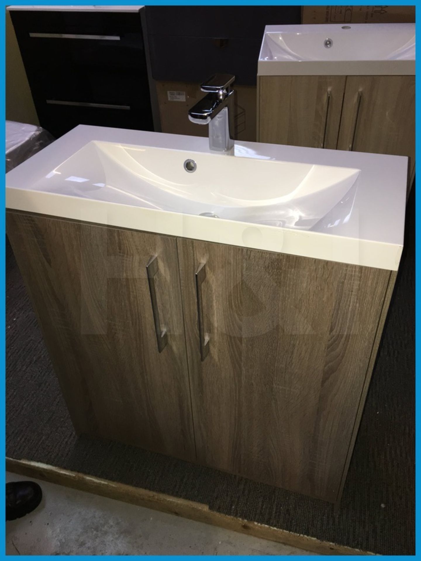 Designer R2 floor standing vanity unit in Havana oak finish with polycarbonate basin and designer