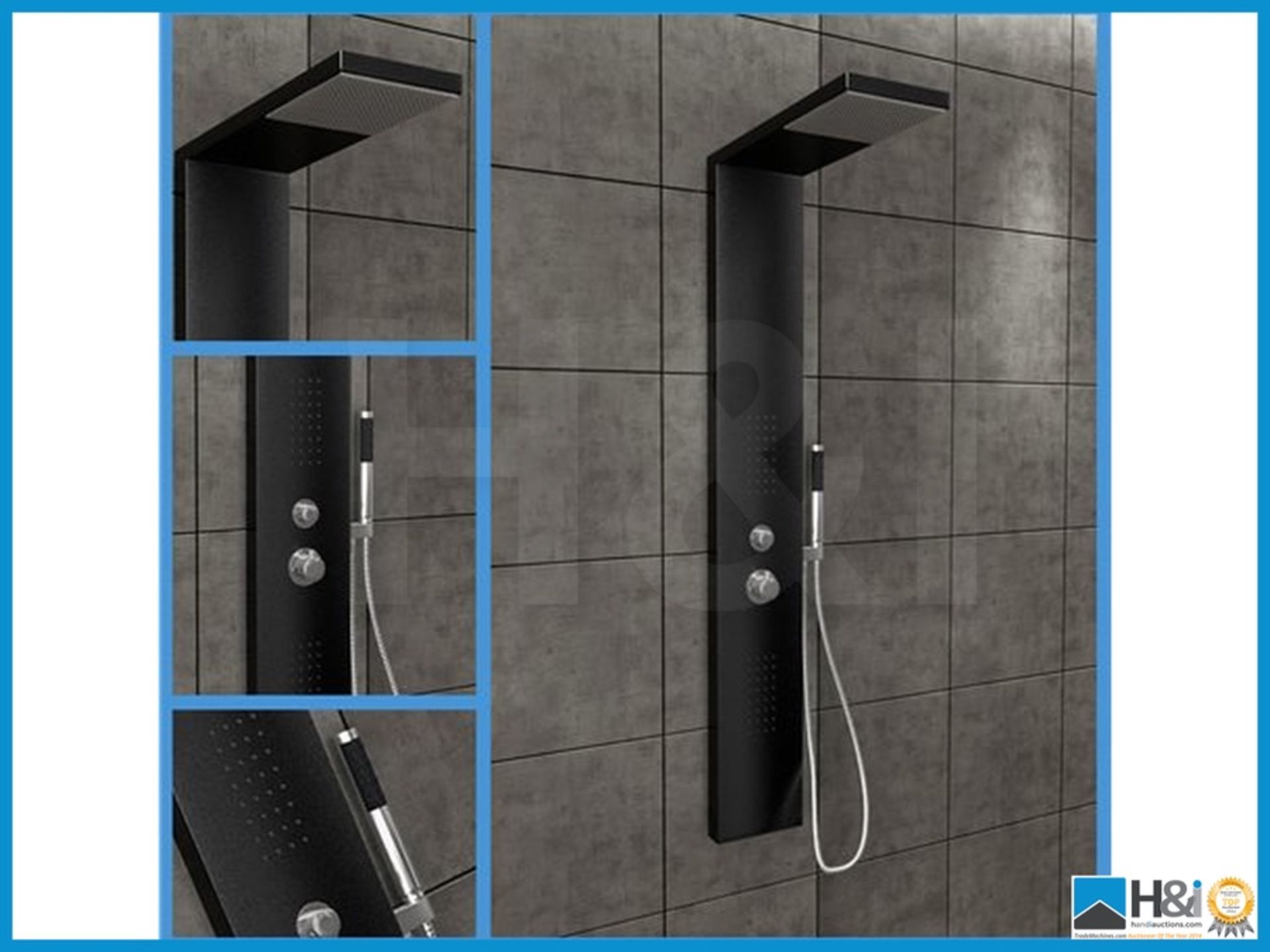 Stunning thermostatic shower panel with chrome body jets and hand shower matt black finish new and