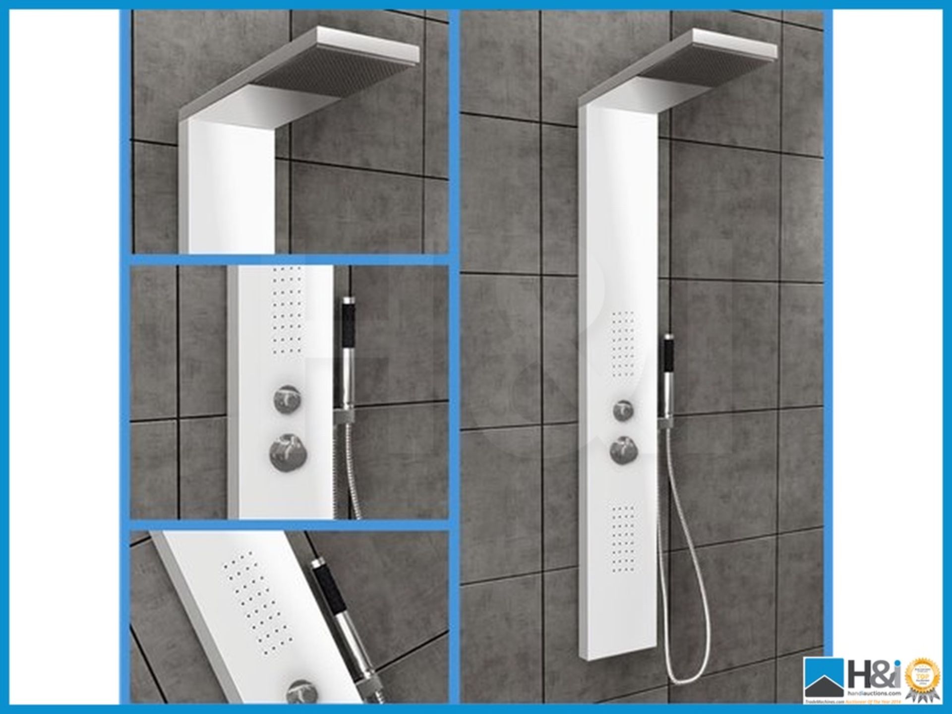 Stunning thermostatic shower panel with chrome body jets and hand shower white finish new and boxed.