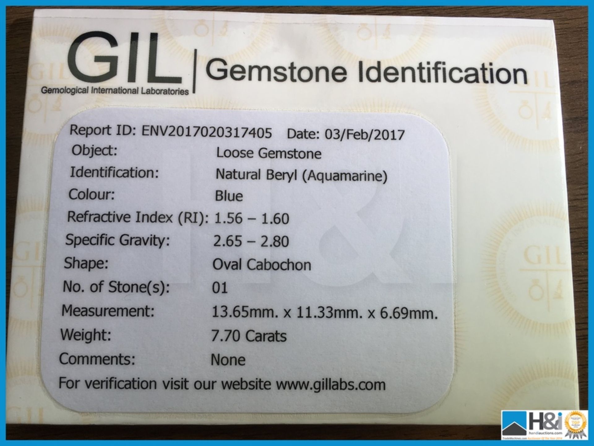 7.70ct Natural Blue Beryl. Oval Cabochon, Transparent 13.65x11.33x6.69mm. Certification: GIL - Image 3 of 3