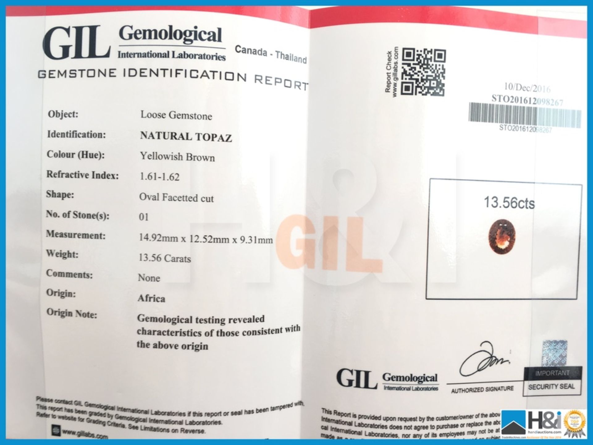 13.56ct Natural Topaz.Oval Facetted Cut in Yellowish Brown. Transparrent with GIL Certificate 14. - Image 4 of 4