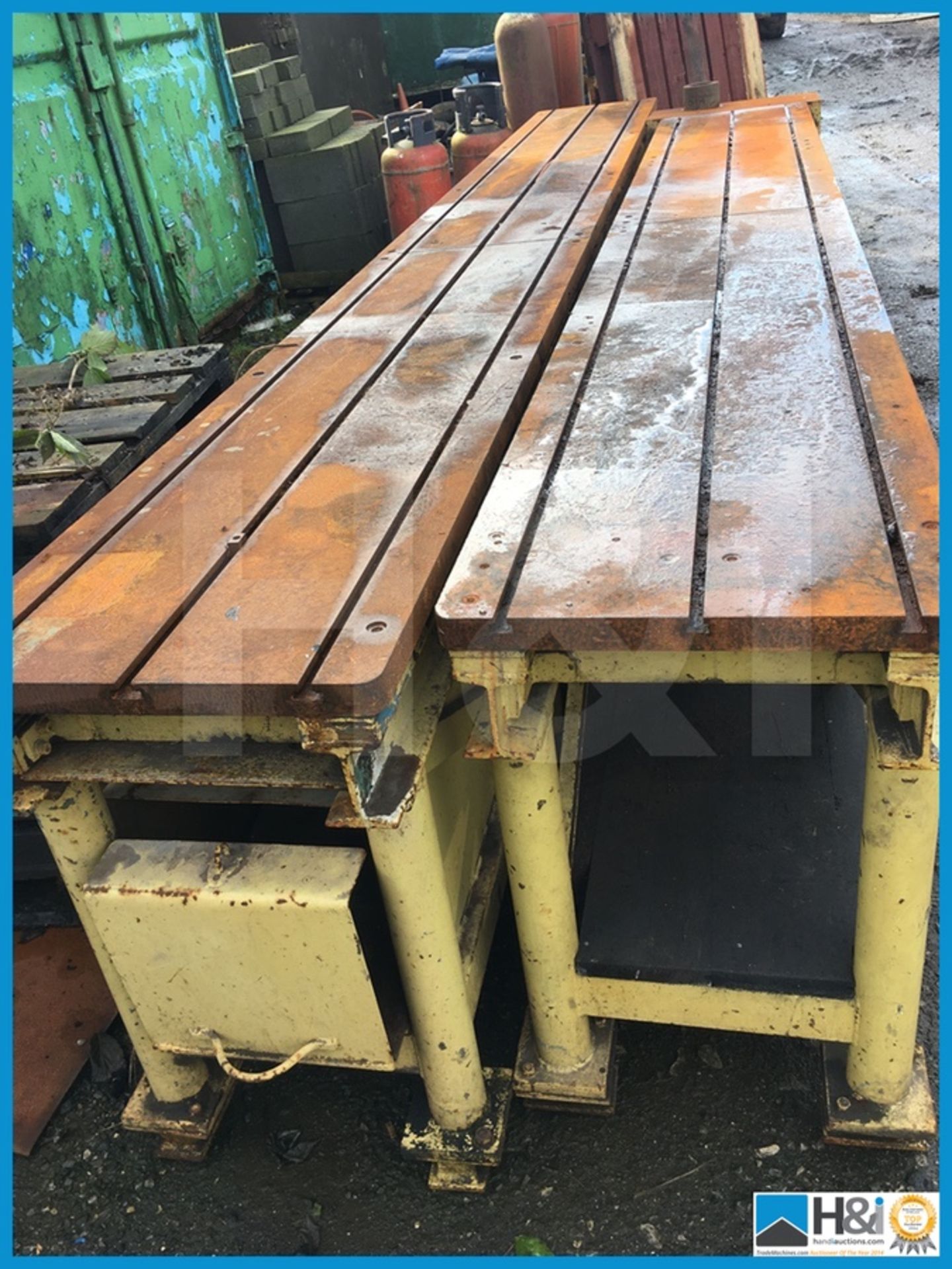 2 x T slotted steel machine tables 1 x 14.5ft long x 20” wide x appx 34” high and 1 x 12.8ft long