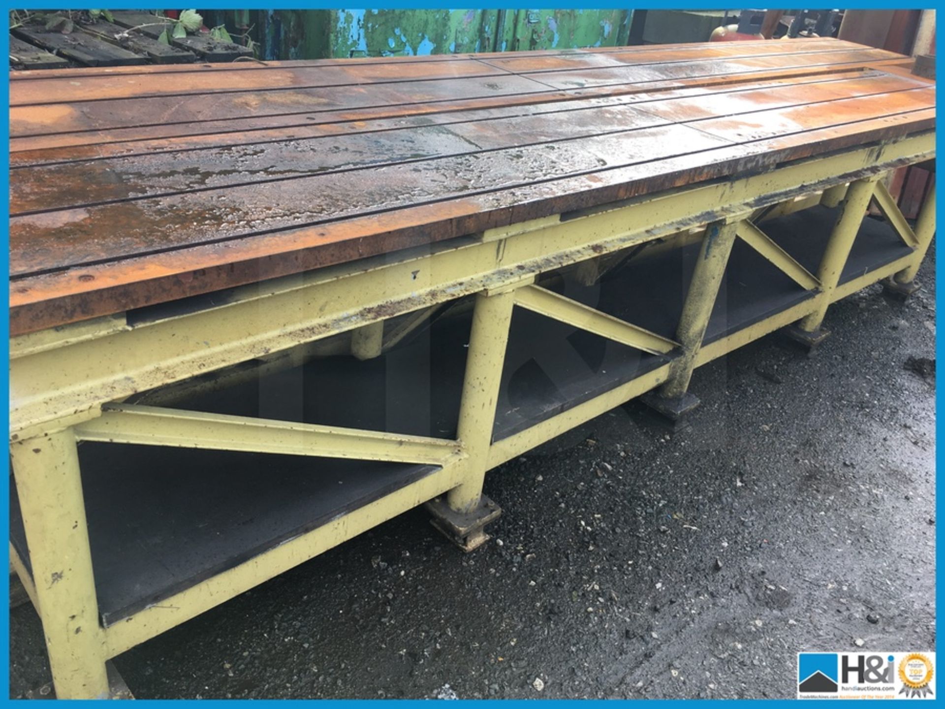 2 x T slotted steel machine tables 1 x 14.5ft long x 20” wide x appx 34” high and 1 x 12.8ft long - Image 5 of 5