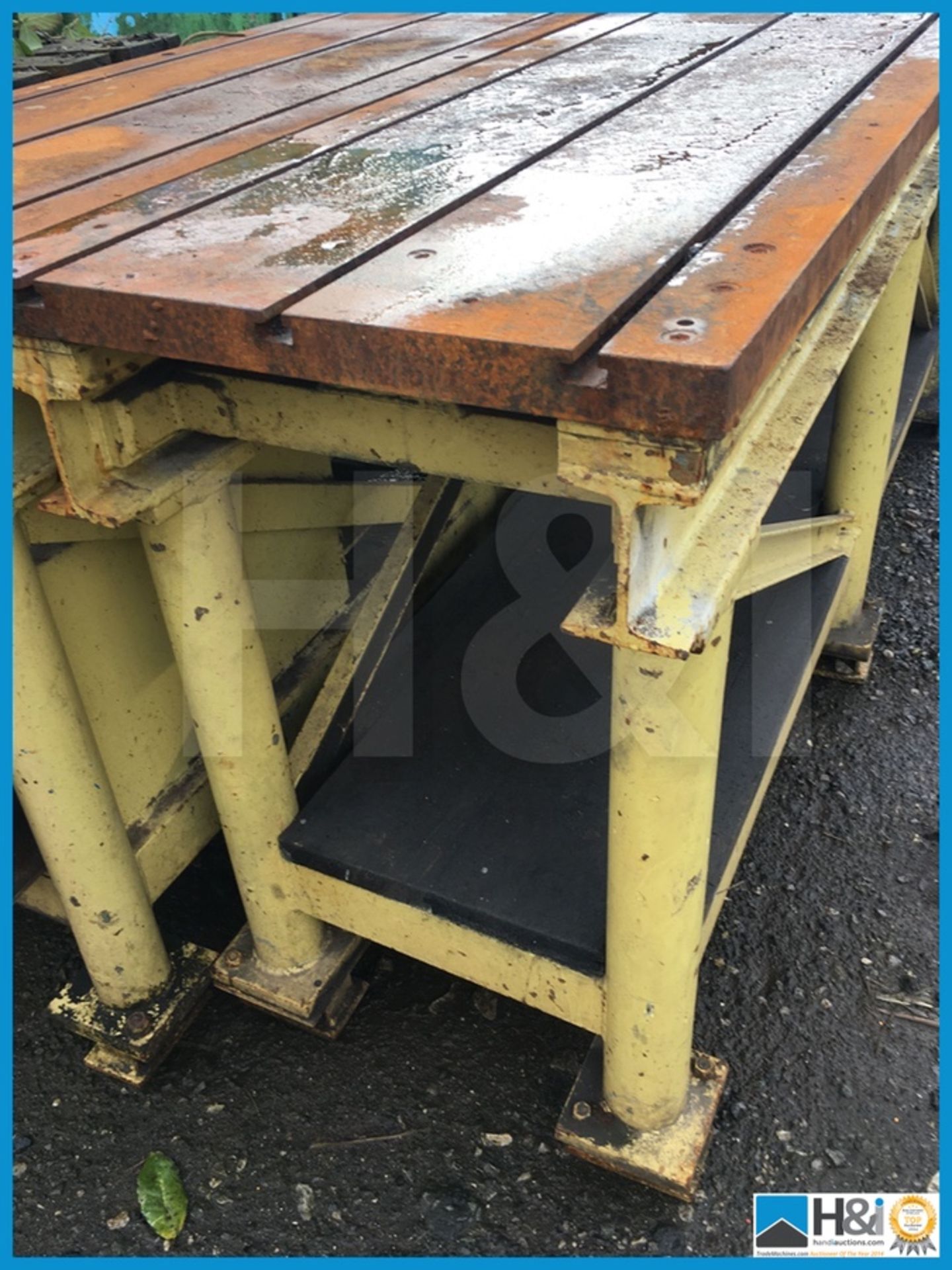 2 x T slotted steel machine tables 1 x 14.5ft long x 20” wide x appx 34” high and 1 x 12.8ft long - Image 4 of 5