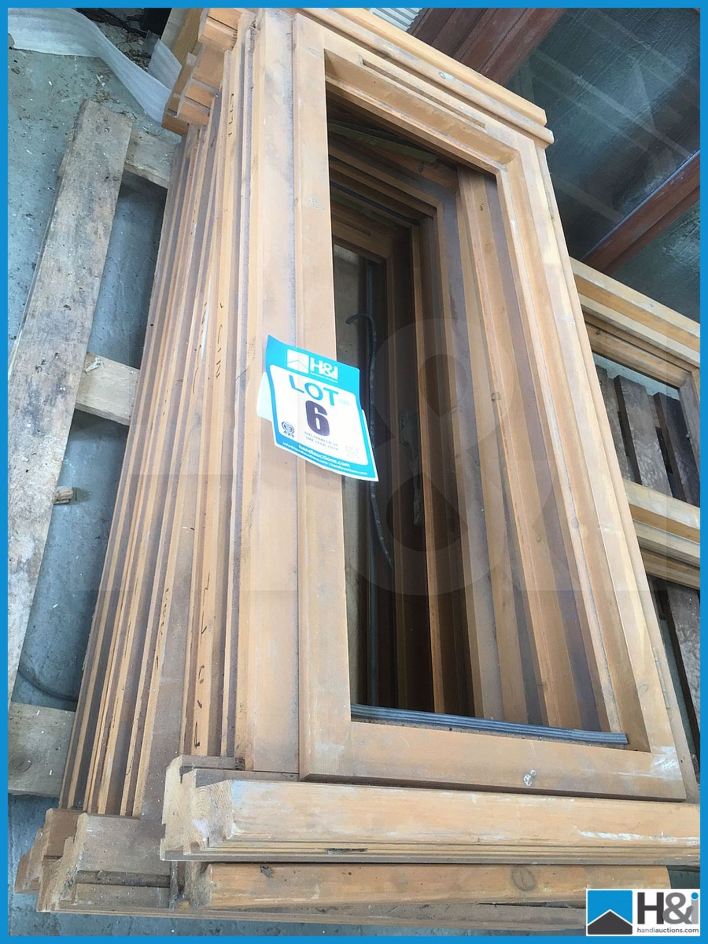 6 off unused wooden unglazed window frames 1050 x 500 avg size. Dusty appearance due to storage