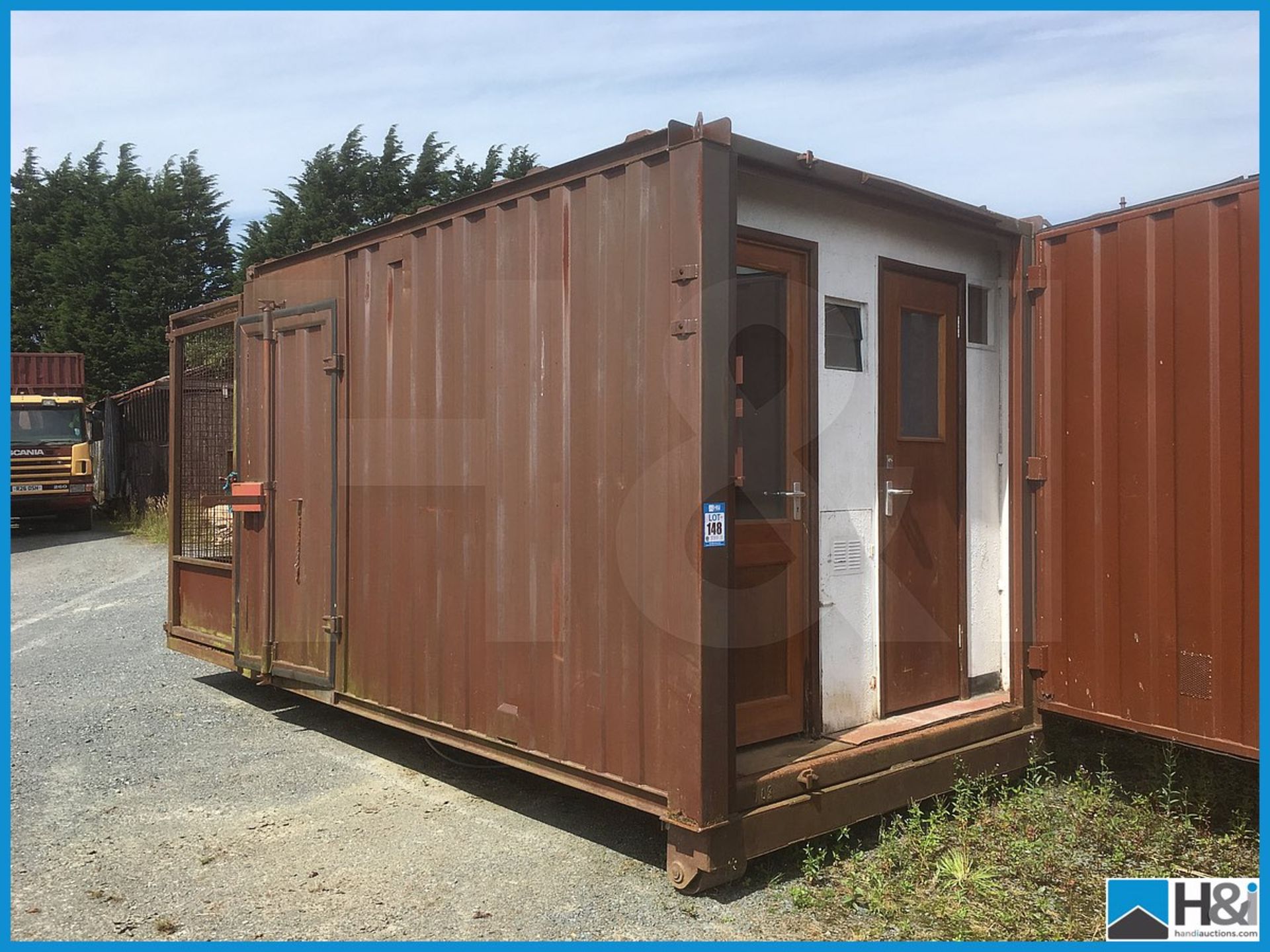 5m shipping container converted to site welfare cabin comprising secure storage area, canteen and