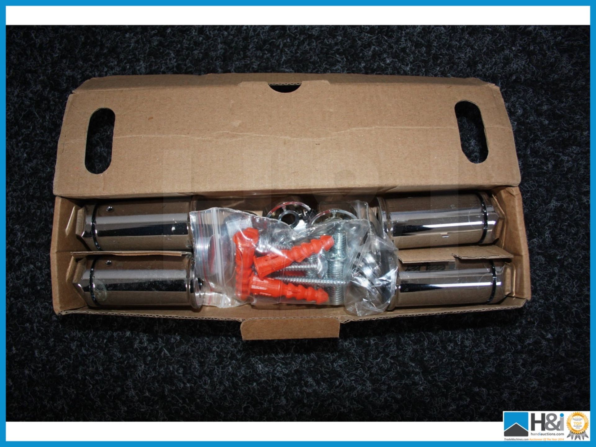 Chrome curved heated towel rail with fitting kit unused and boxed 760 x 500 mm. Appraisal: Viewing - Image 3 of 3