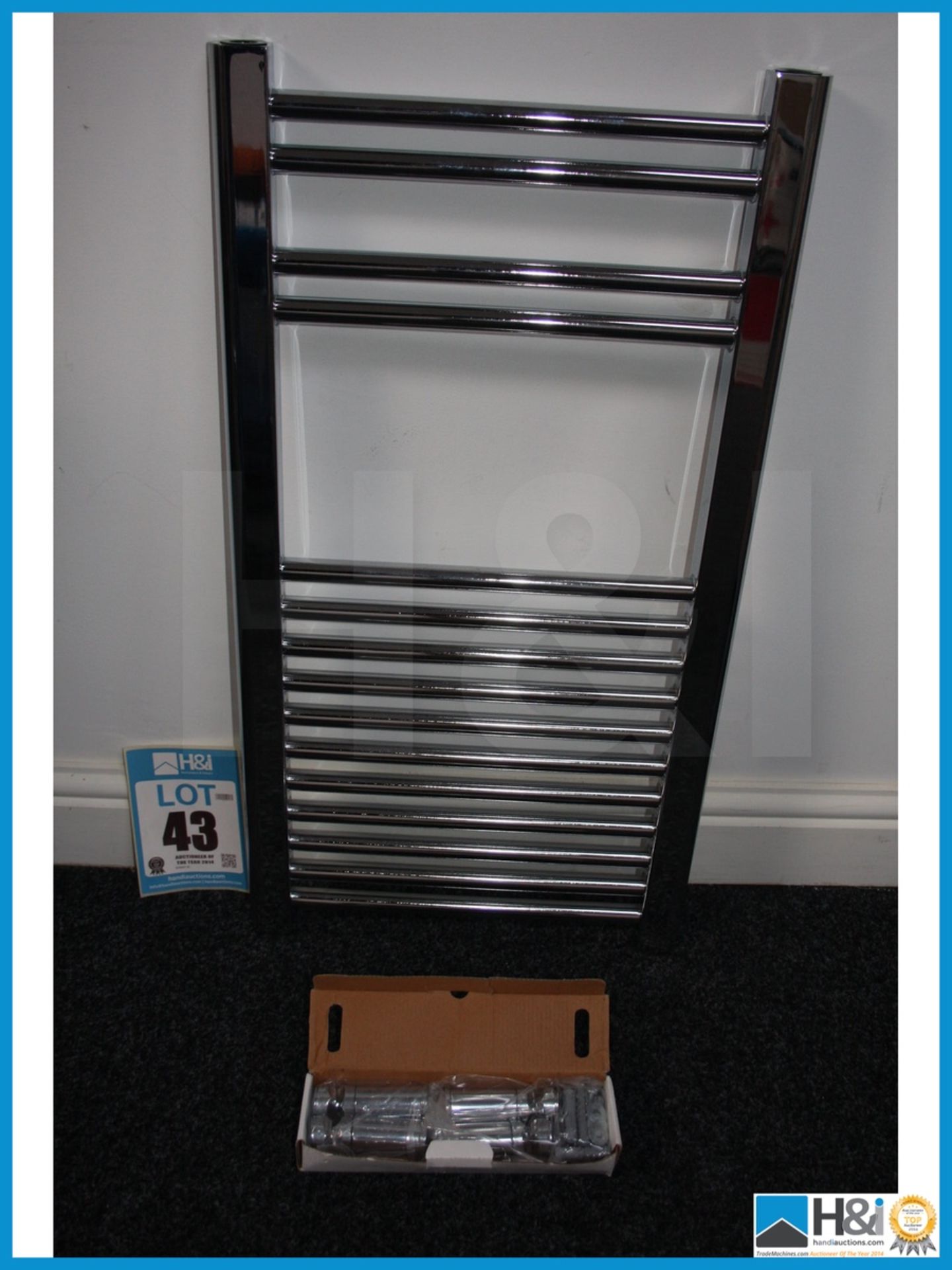 Chrome heated towel rail with fittings unused and boxed 760 x 400 mm. Appraisal: Viewing Essential