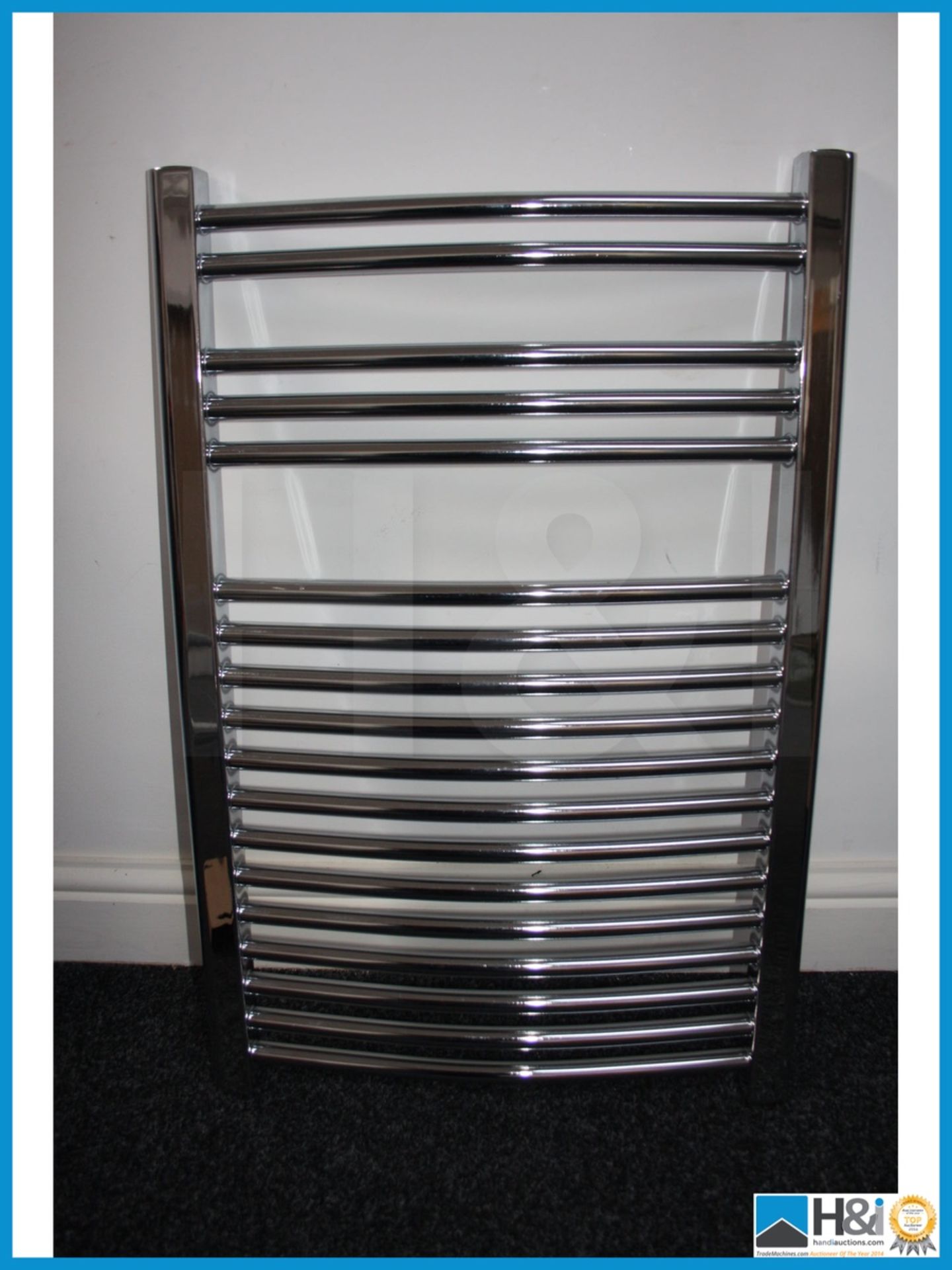 Chrome curved heated towel rail with fitting kit unused and boxed 760 x 500 mm. Appraisal: Viewing - Image 2 of 3
