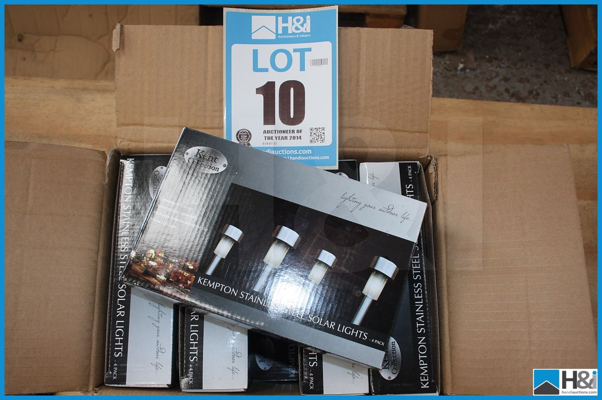 Box of 10 Kempton stainless steel solar lights new and boxed . Appraisal: Viewing Essential Serial