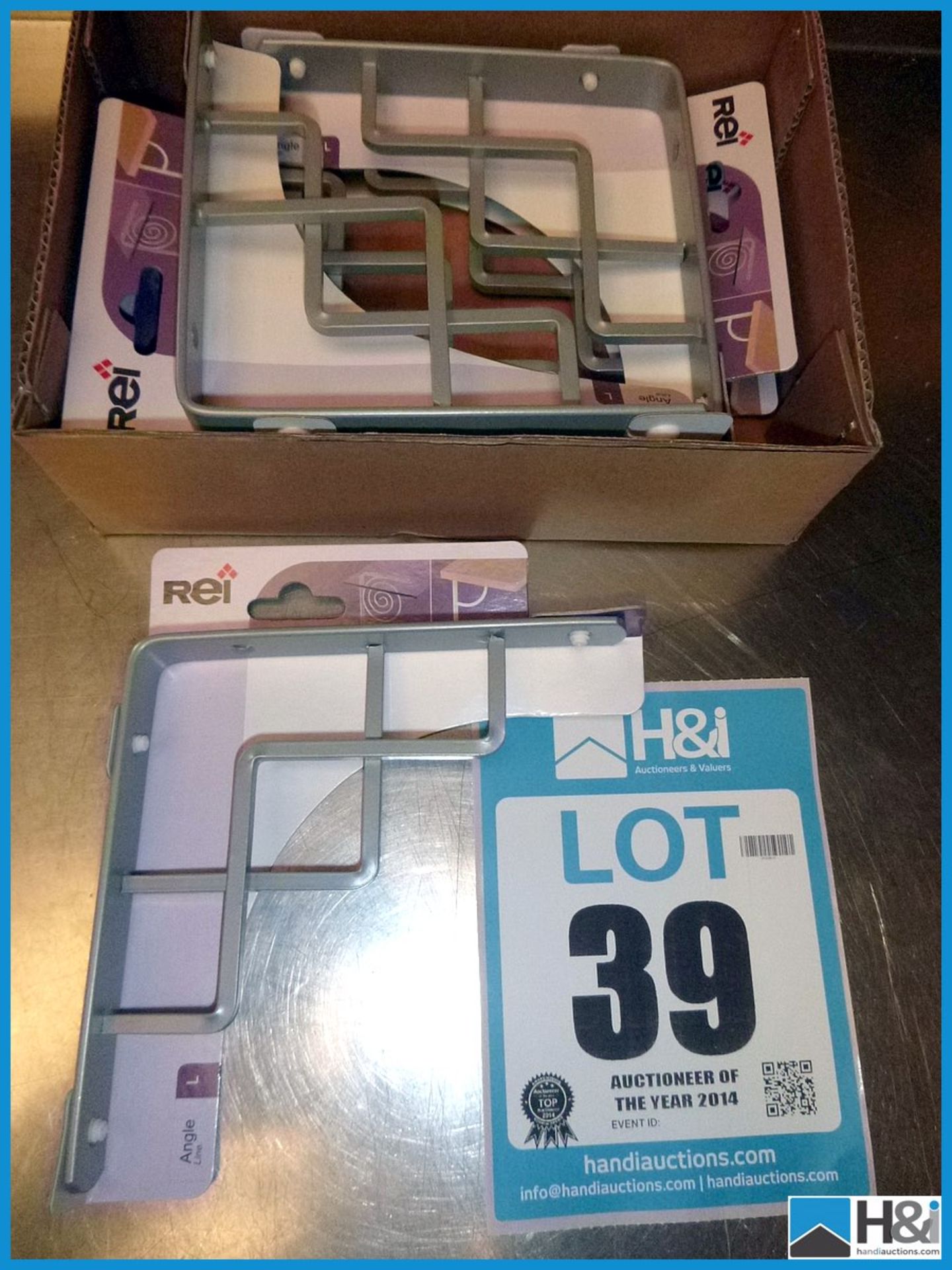 6 OFF PACKS - REI MATT CHROME SHELVING BRACKETS, PART NUMBER -1468.150, UNUSED AND RETAIL PACKAGED