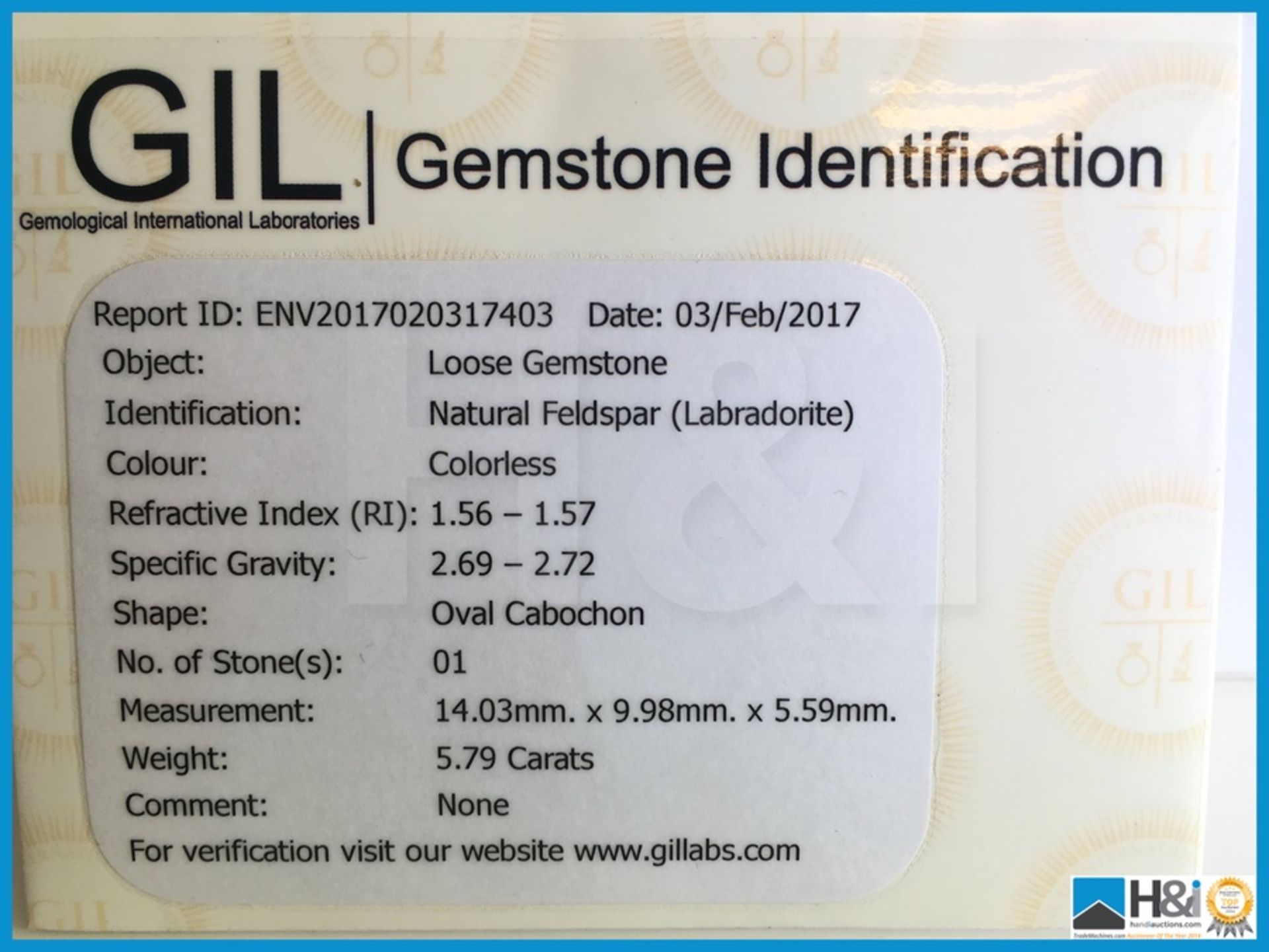 5.79ct Natural Feldspar (Labradorite) Colourless Oval Cabochon with GIL Certificate 14.03x9.98x5. - Bild 4 aus 4