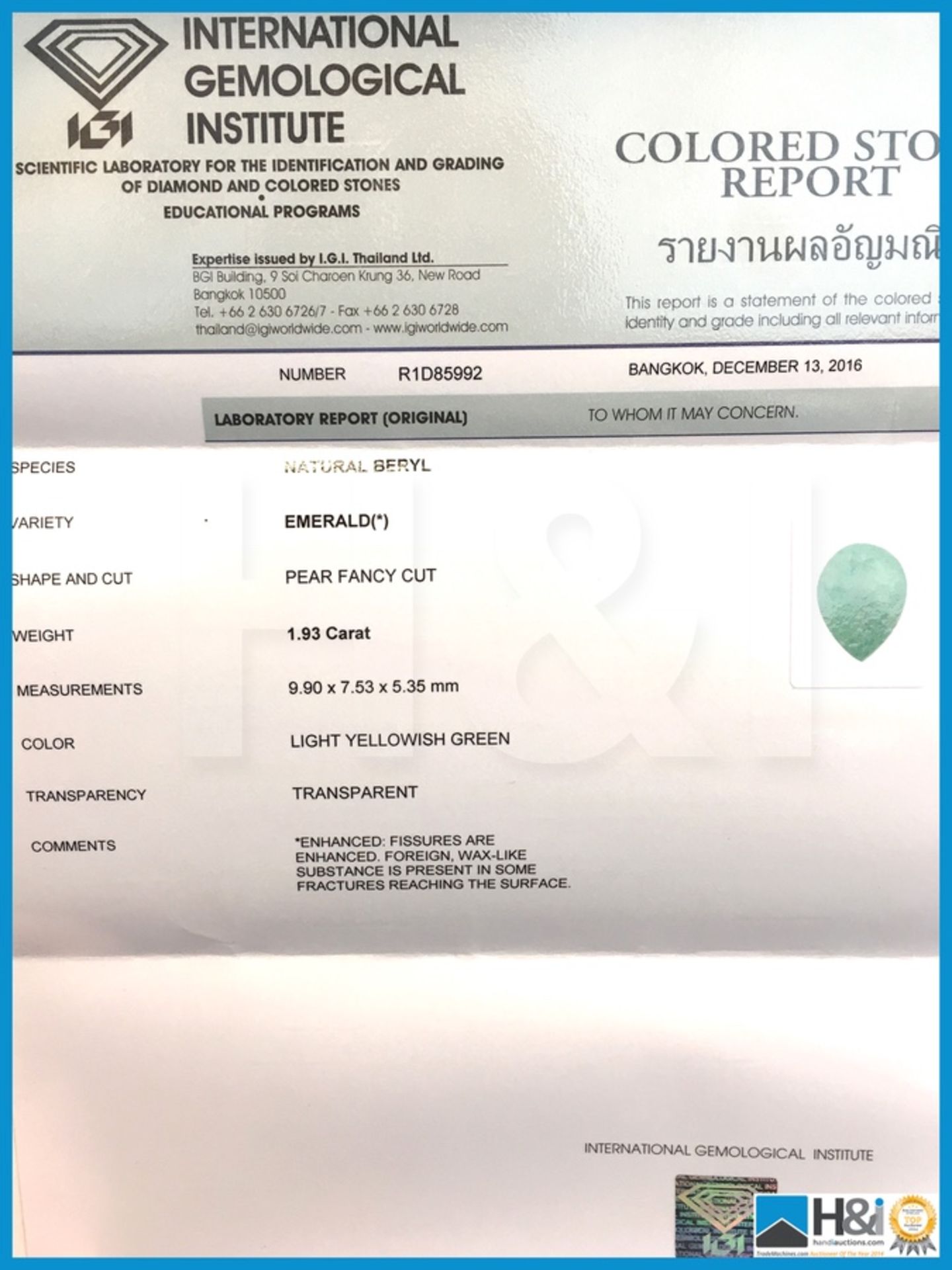 1.93ct Natural Emerald, Pear Fancy Cut in Light Yellowish Green, Transparent with IGI Certificate. - Image 3 of 4