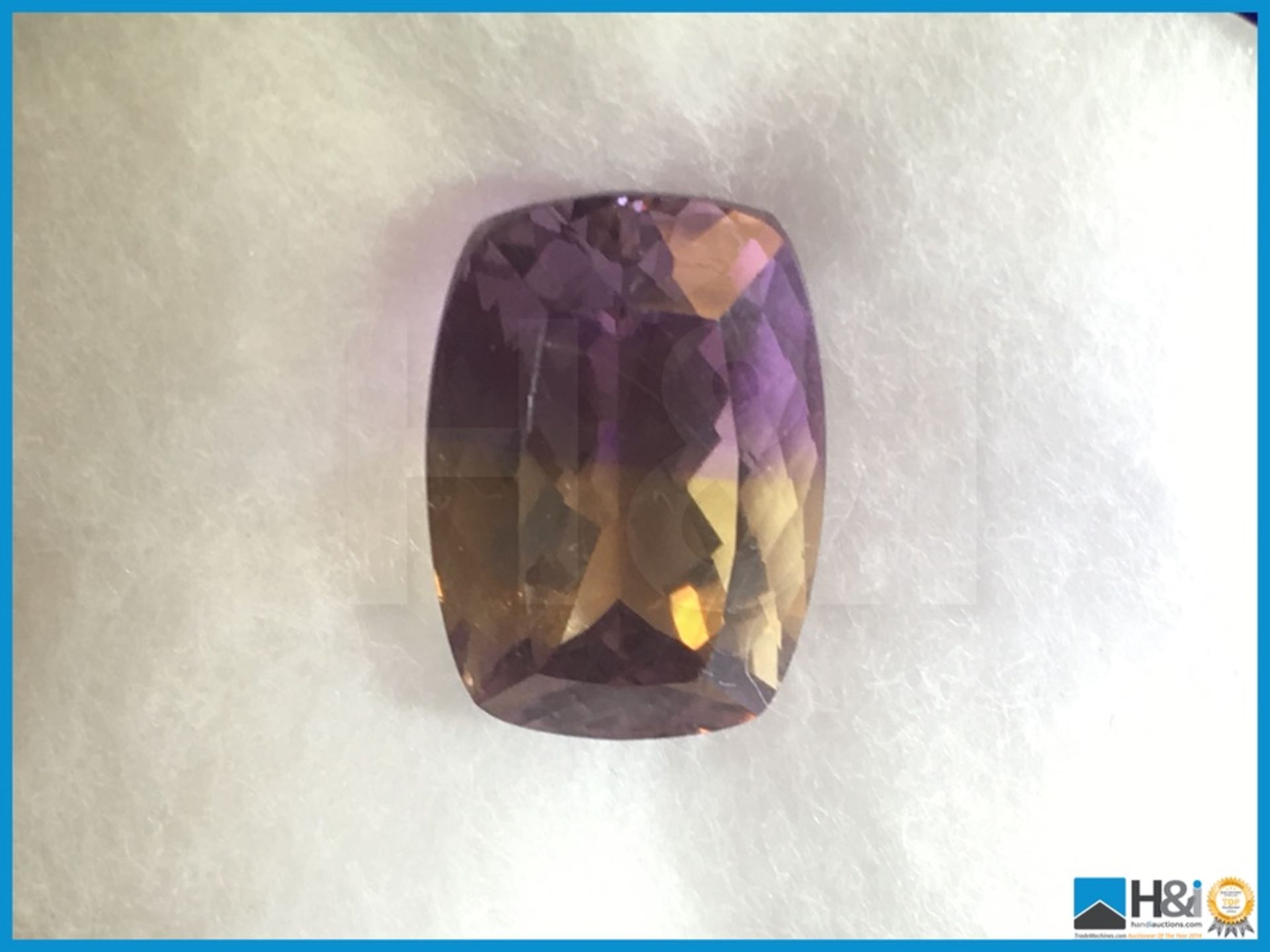 5.08ct Natural Ametrine. Cushion Cut in Purple/Yellow. Transparent with HKD Certificate. Size: 12.