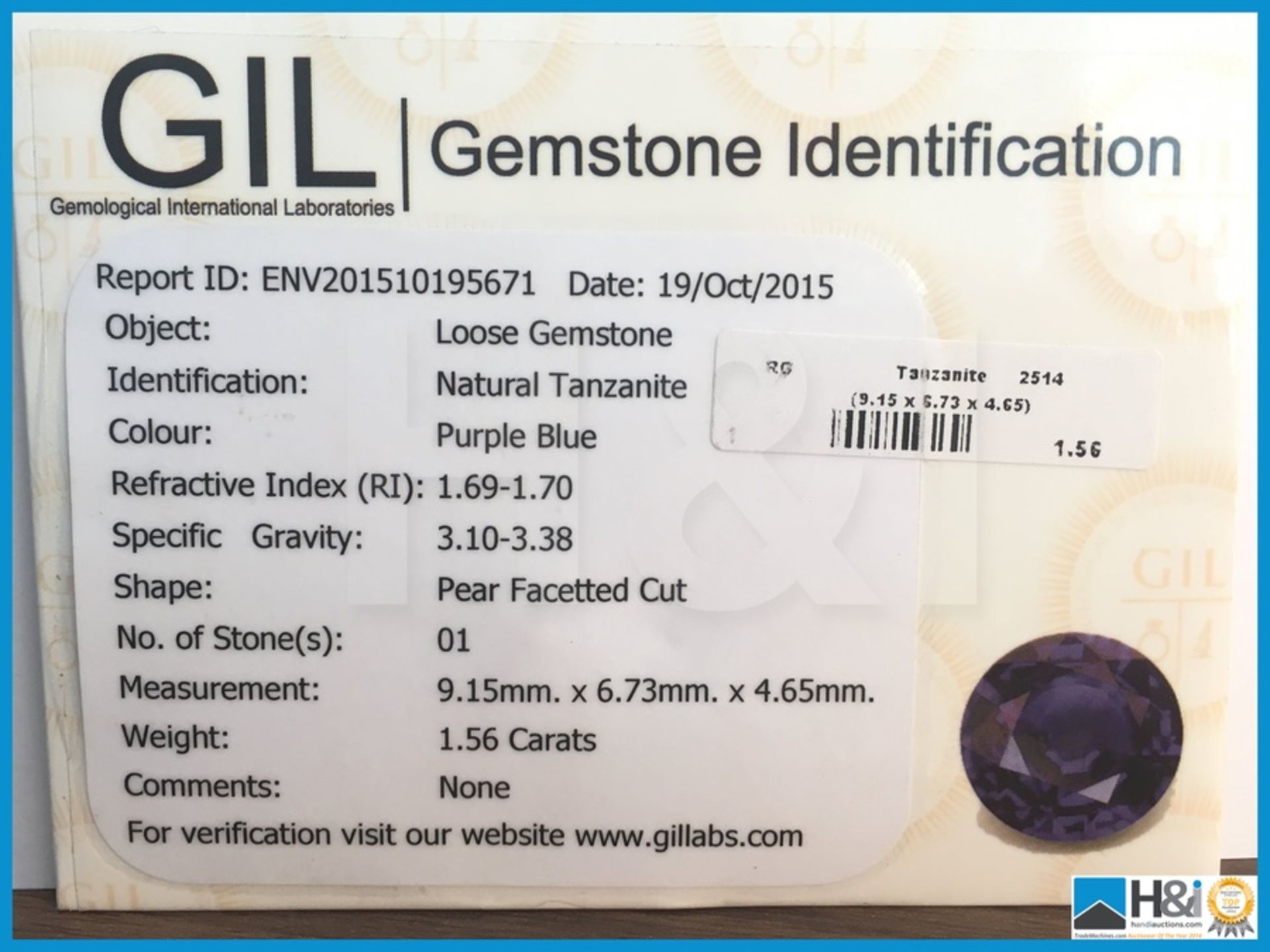 1.56ct Natural Tanzanite, Pear cut in Purpl/Blue. Size: 9.15x6.73x4.65mm. Certification: GIL - Image 4 of 4