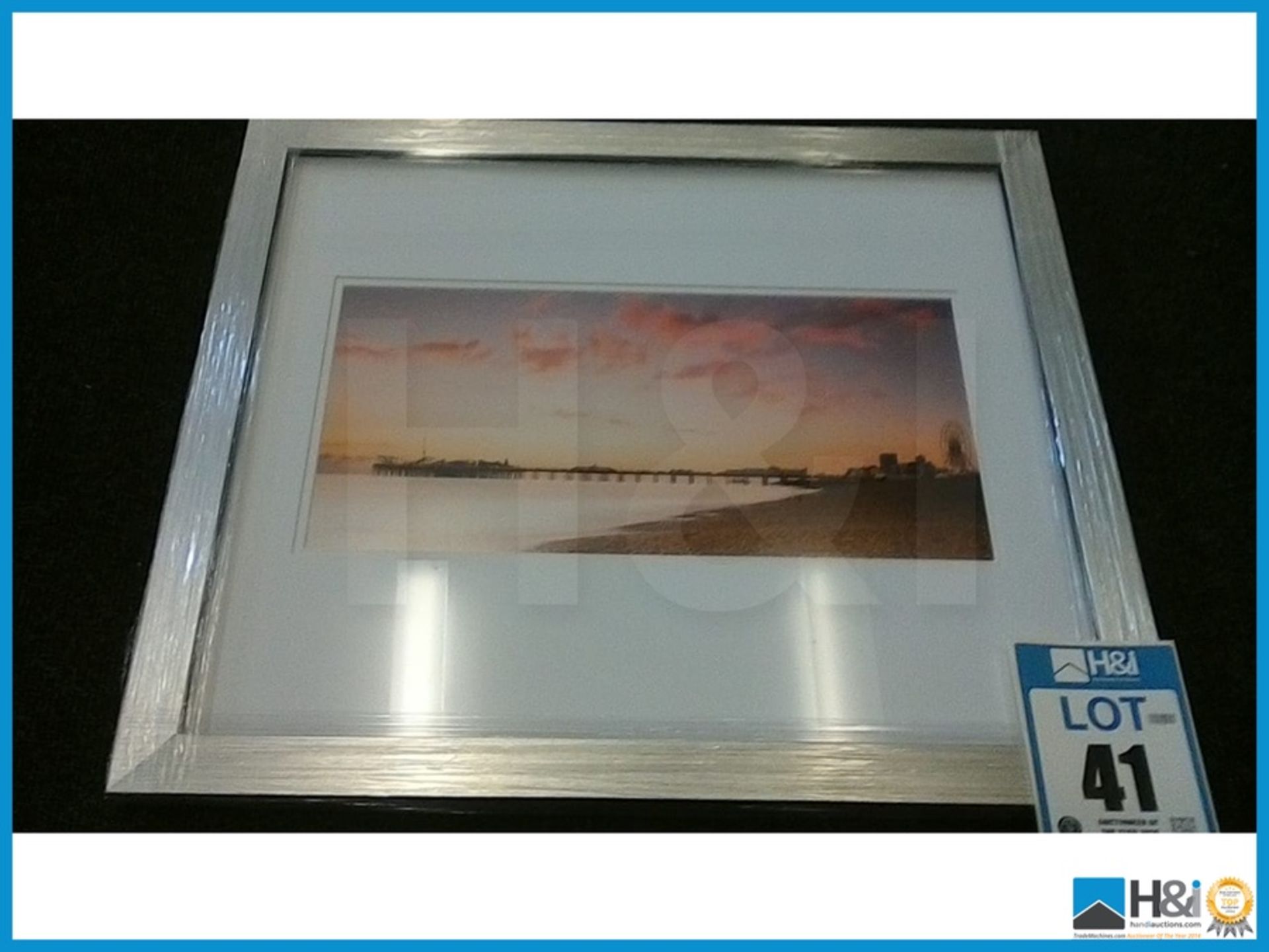 NEW DESIGNER MODERN SILVER METALIC FINISH FRAME DISPLAYING A LANDSCAPE OF A WATER FRONT