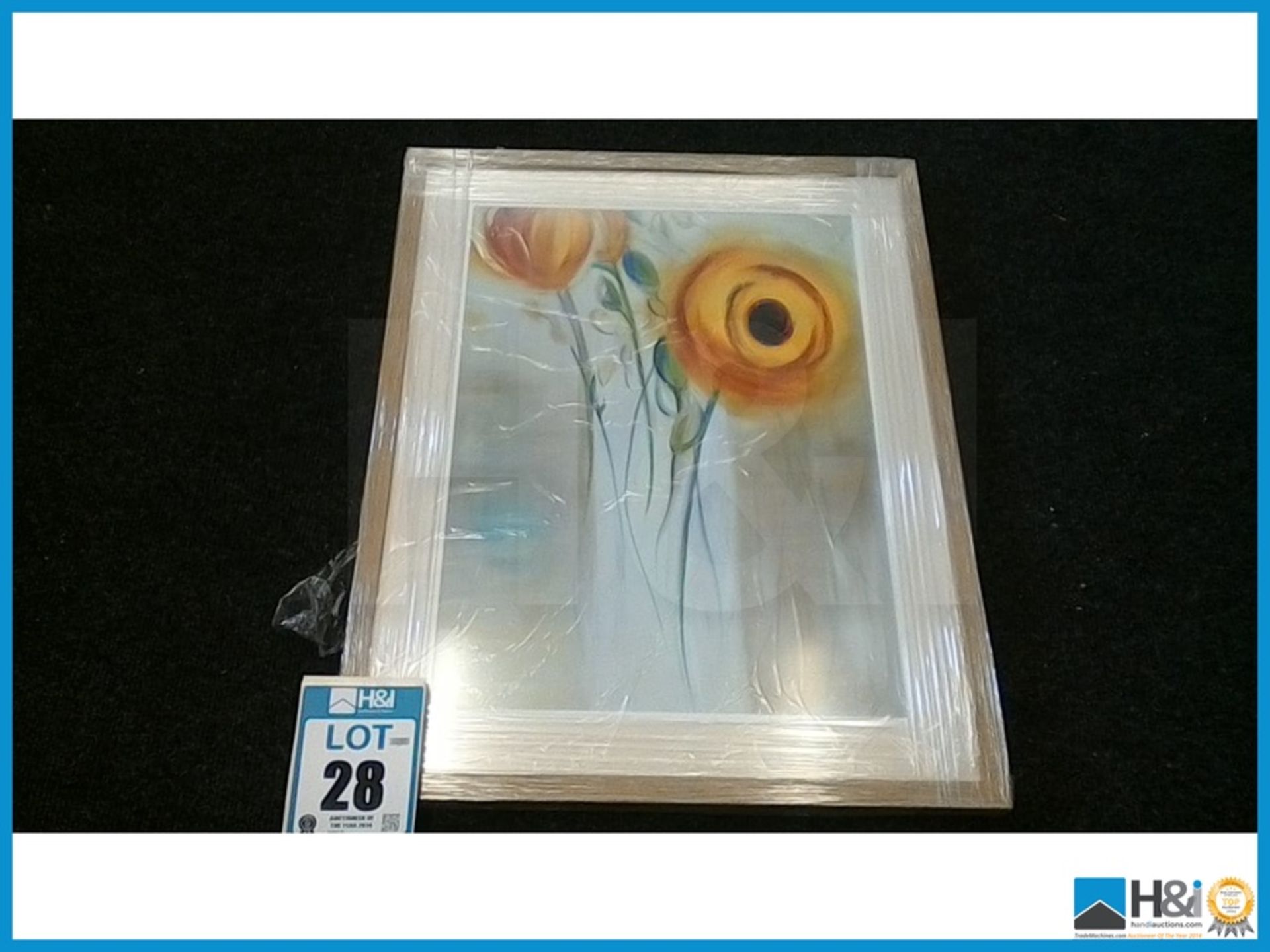 NEW DESIGNER SIMPLE OAK NATURAL FINISH FRAME DISPLAYING A ABSTRACT OF A FLOWERS DIMENSIONS: 75X60 CM