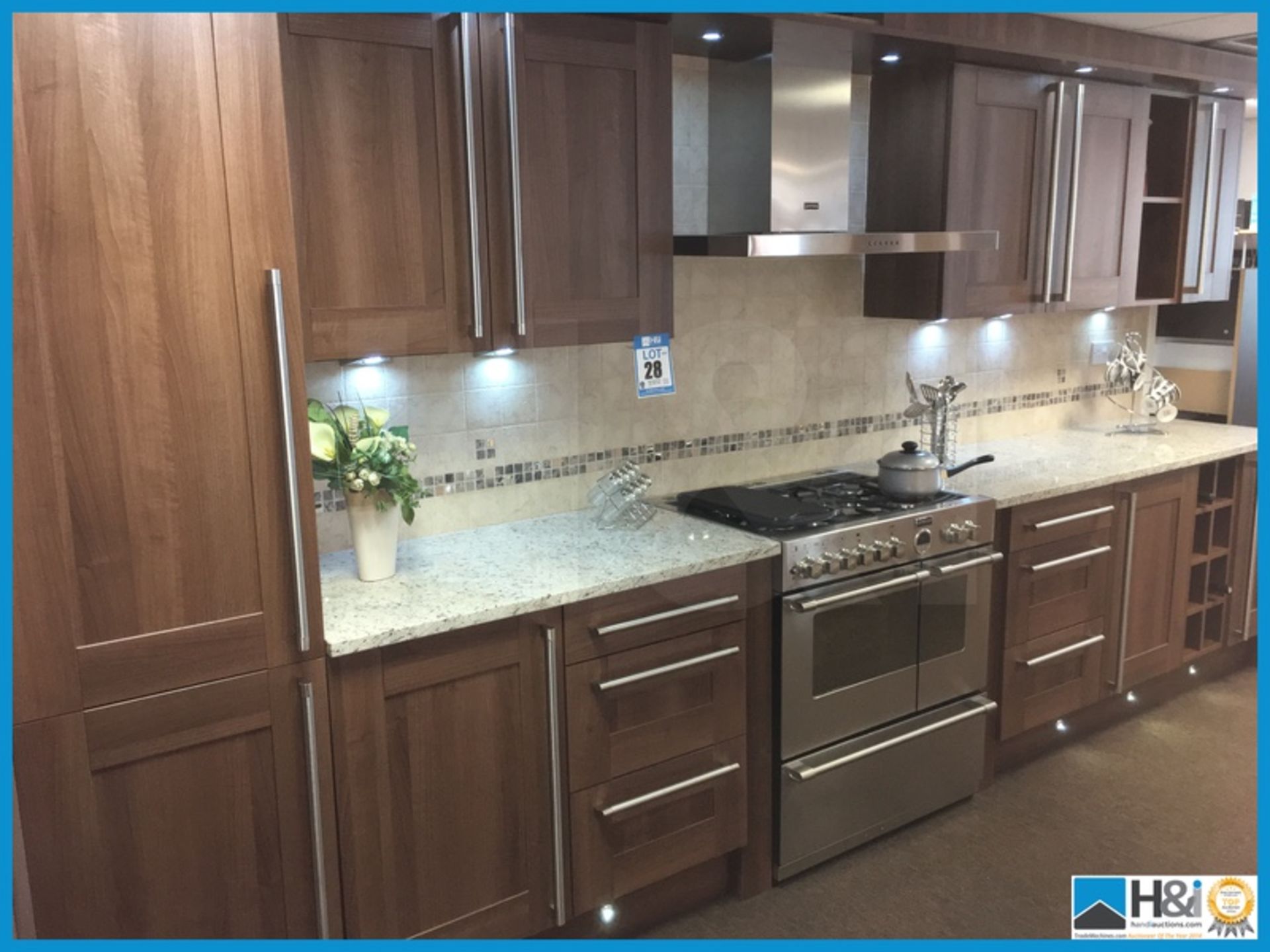 Stunning American black walnut finish display kitchen with integrated LED lighting and