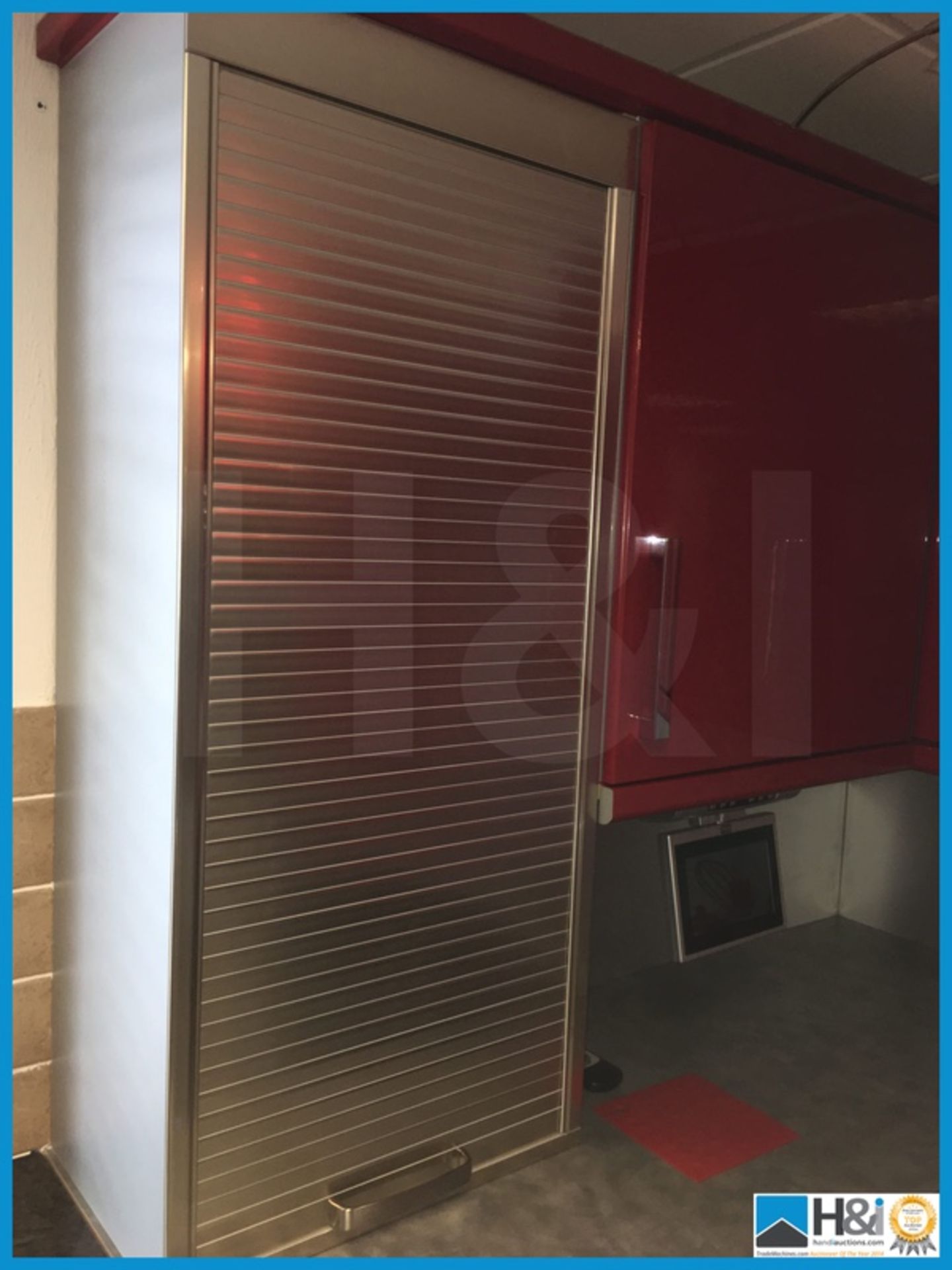 Red, silver and black display kitchen comprising tambour front storage unit, silver worktop and - Image 3 of 7