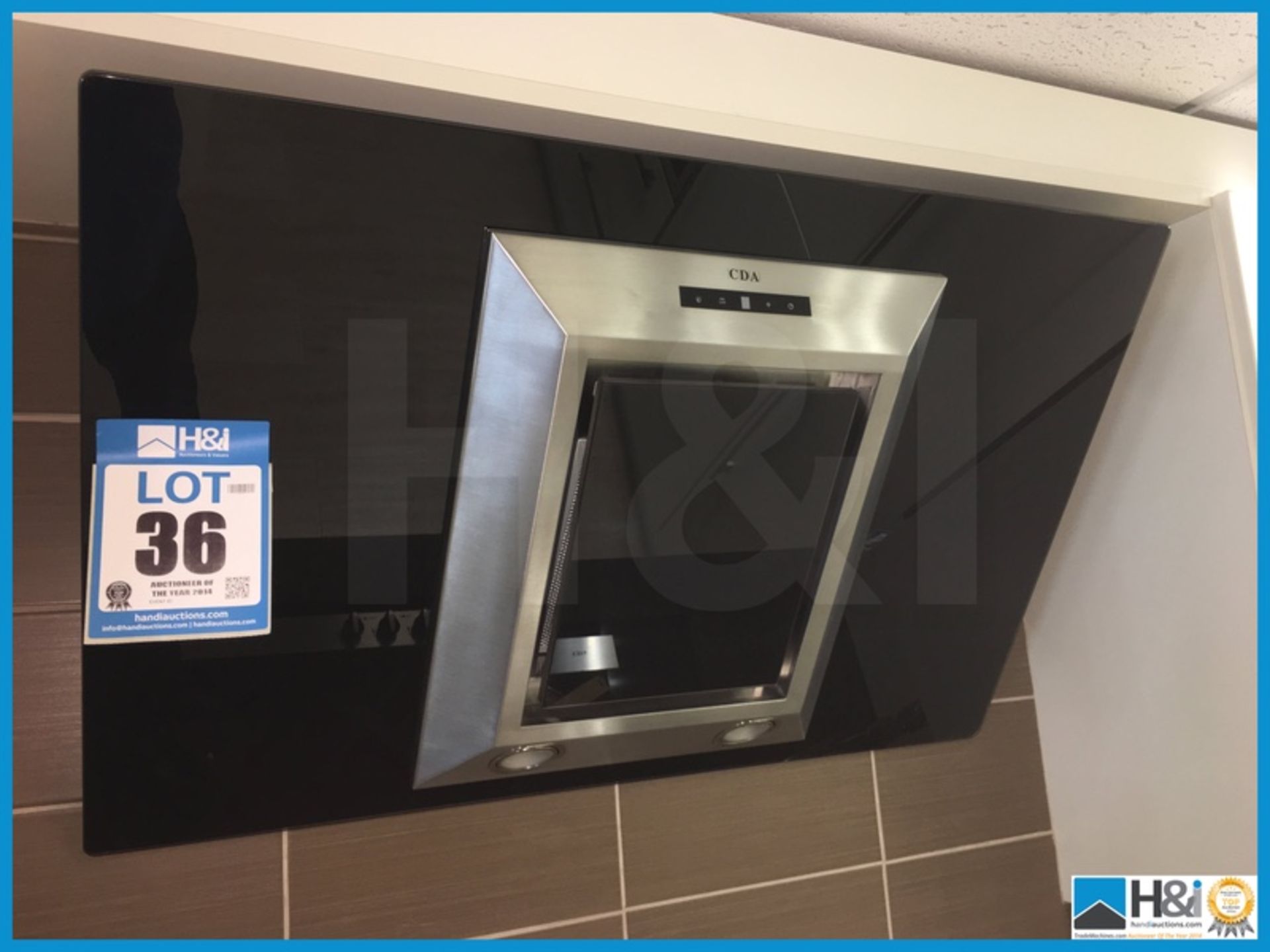 CDA stainless steel and black glass electric extractor hood with integrated lighting. 900mm