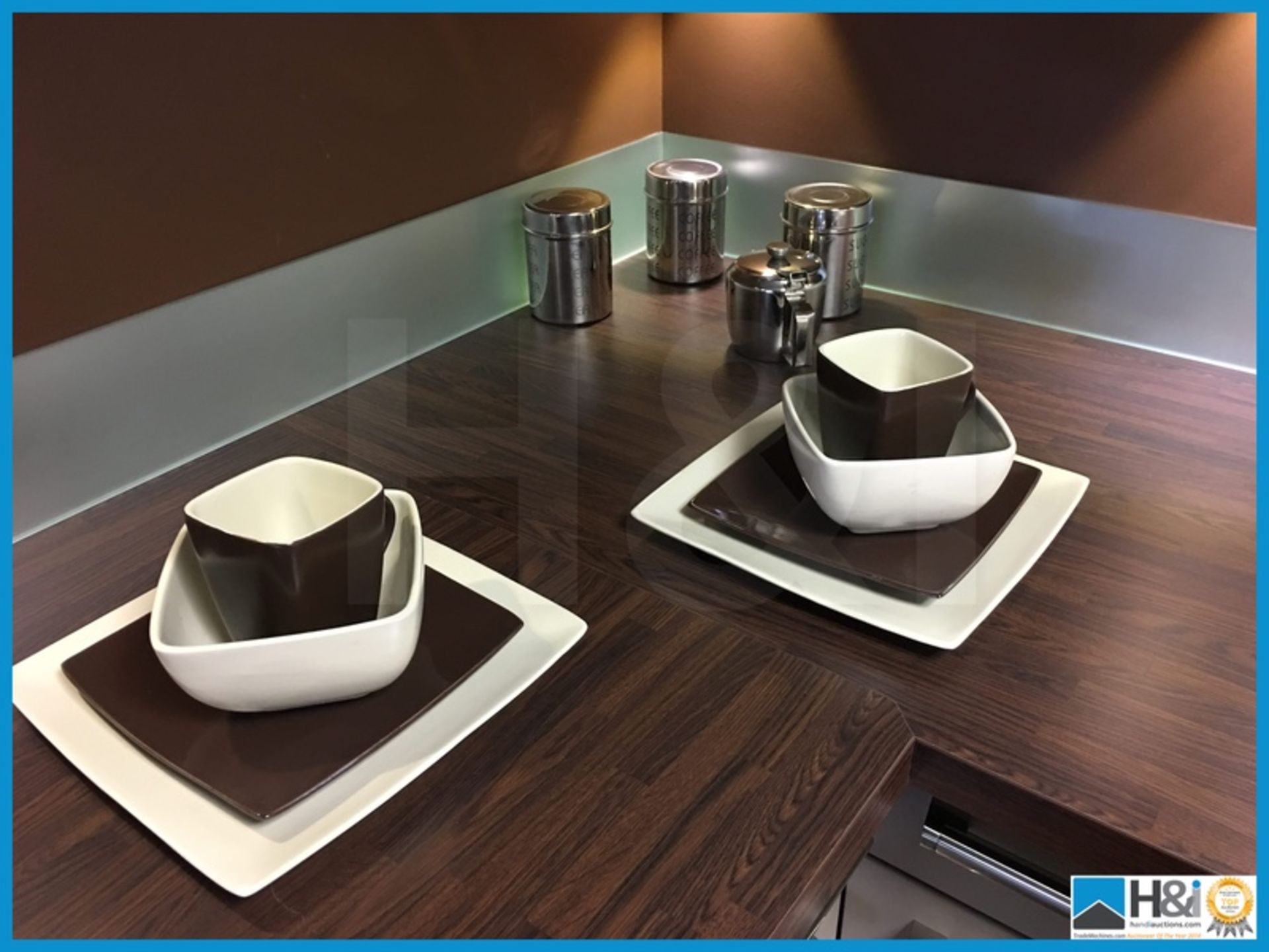 Beautiful contemporary display kitchen compete with dark walnut effect worktop and multi purpose - Image 20 of 21