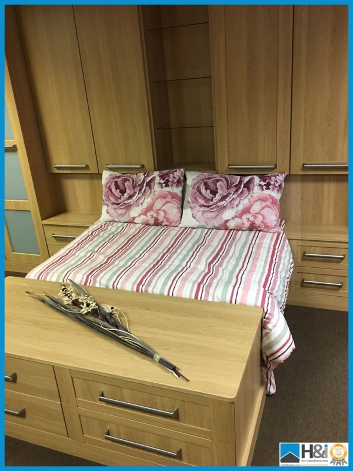 Large display bedroom wardrobe, storage and drawer units. Please note bed is display only. 5.4m - Image 2 of 9