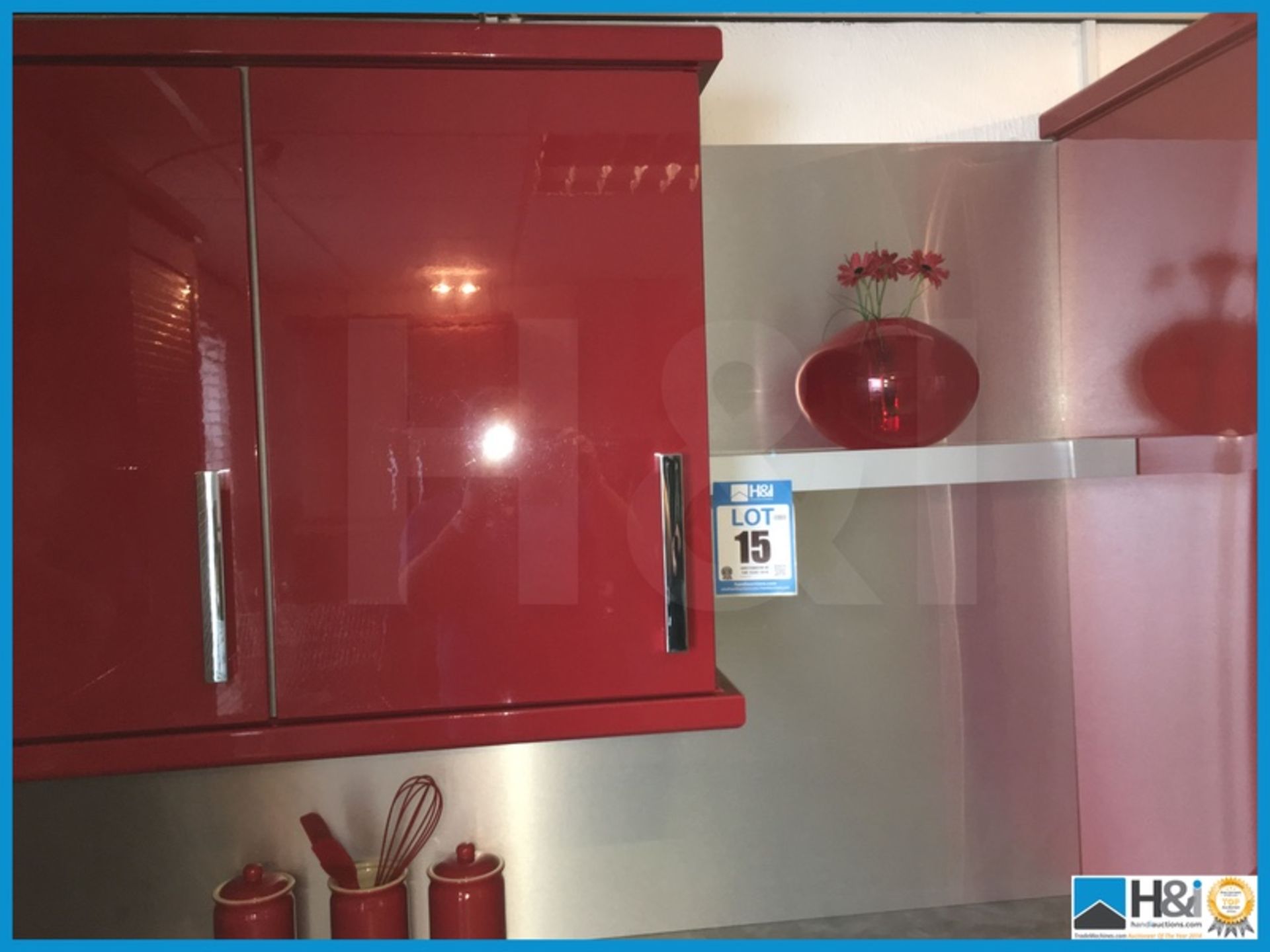 Red, silver and black display kitchen comprising tambour front storage unit, silver worktop and - Image 5 of 7
